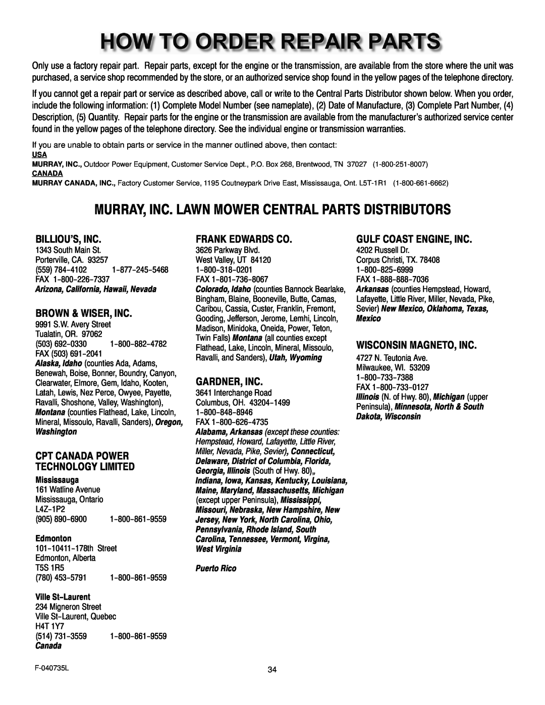 Murray 405000x8C Murray, Inc. Lawn Mower Central Parts Distributors, Billiou’S, Inc, Brown & Wiser, Inc, Frank Edwards Co 