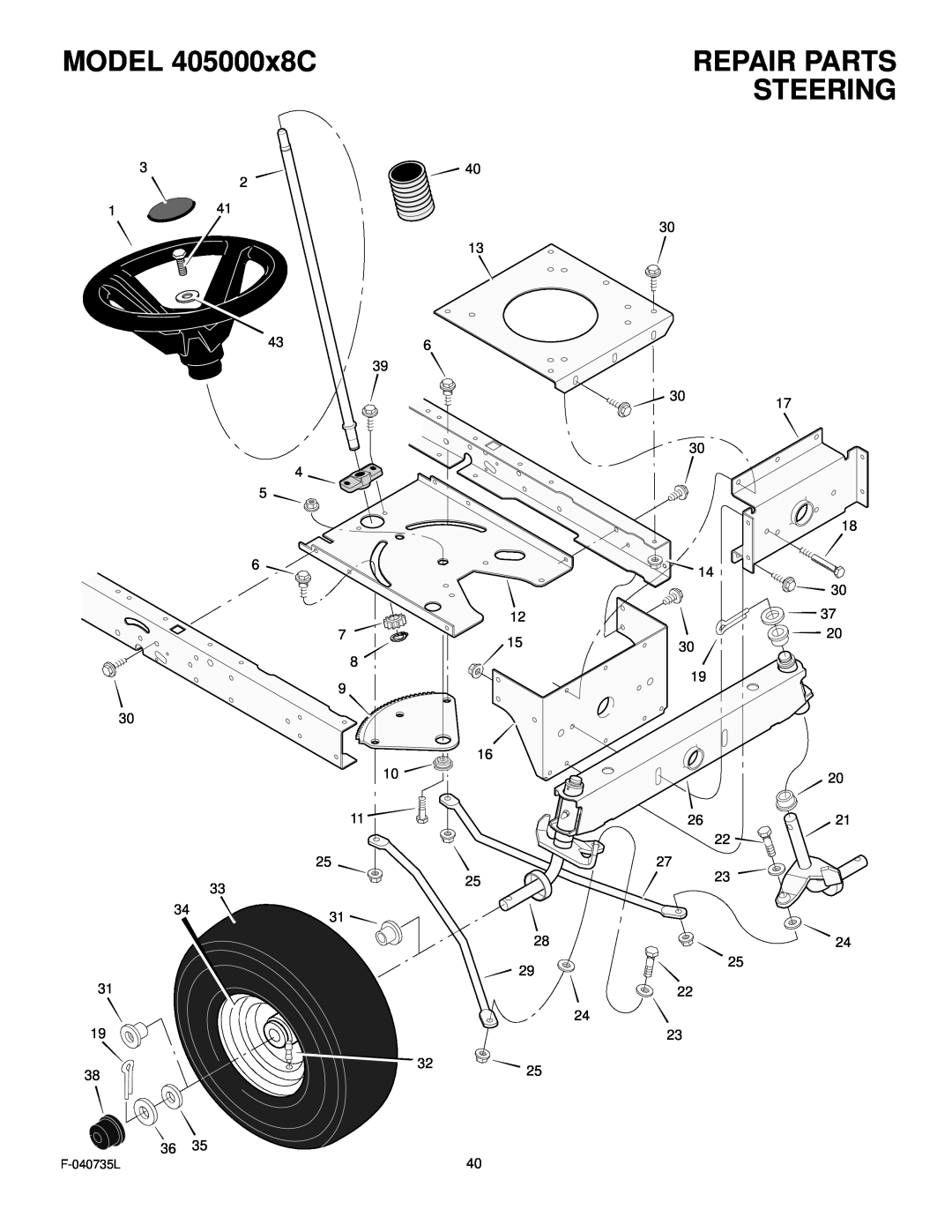 Murray manual Steering, MODEL 405000x8C, Repair Parts, F-040735L 