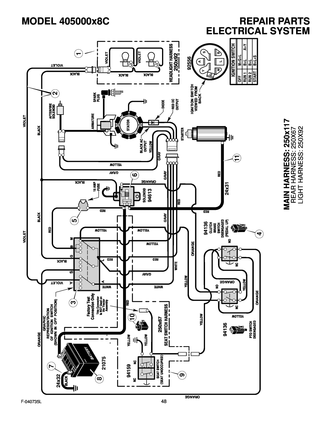 Murray manual Electrical System, MODEL 405000x8C, Repair Parts, Light Harness, MAIN HARNESS 250x117 REAR HARNESS 