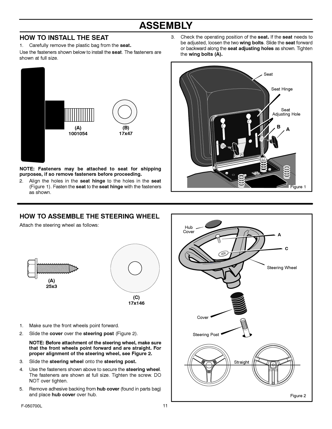 Murray 405000x8E manual HOW to Install the Seat, HOW to Assemble the Steering Wheel 