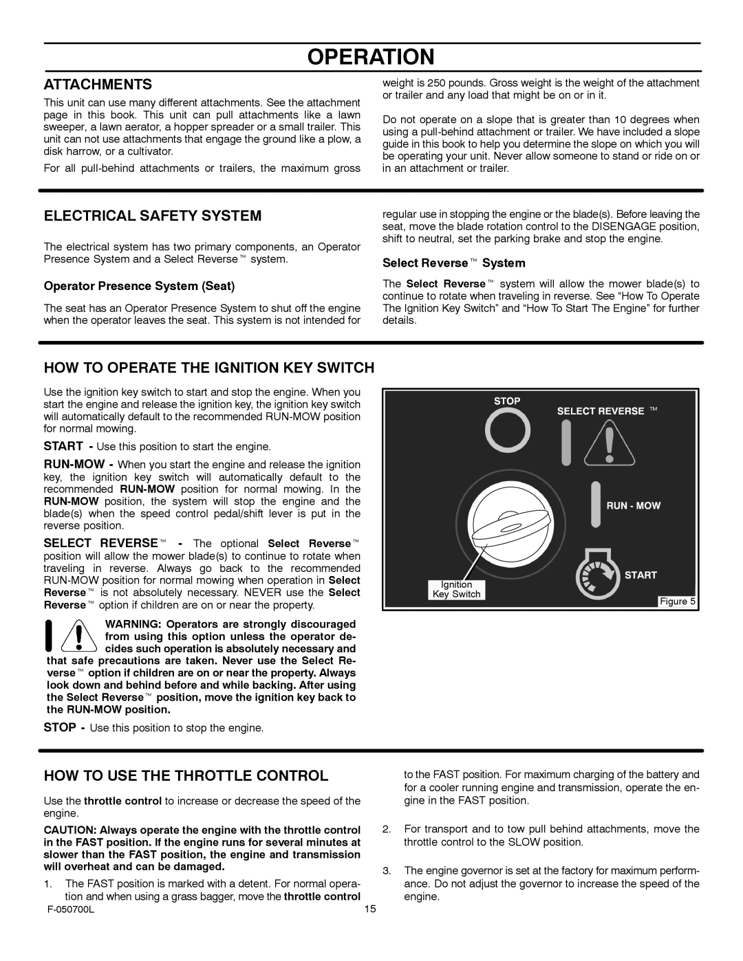 Murray 405000x8E manual Attachments, Electrical Safety System, HOW to Operate the Ignition KEY Switch 