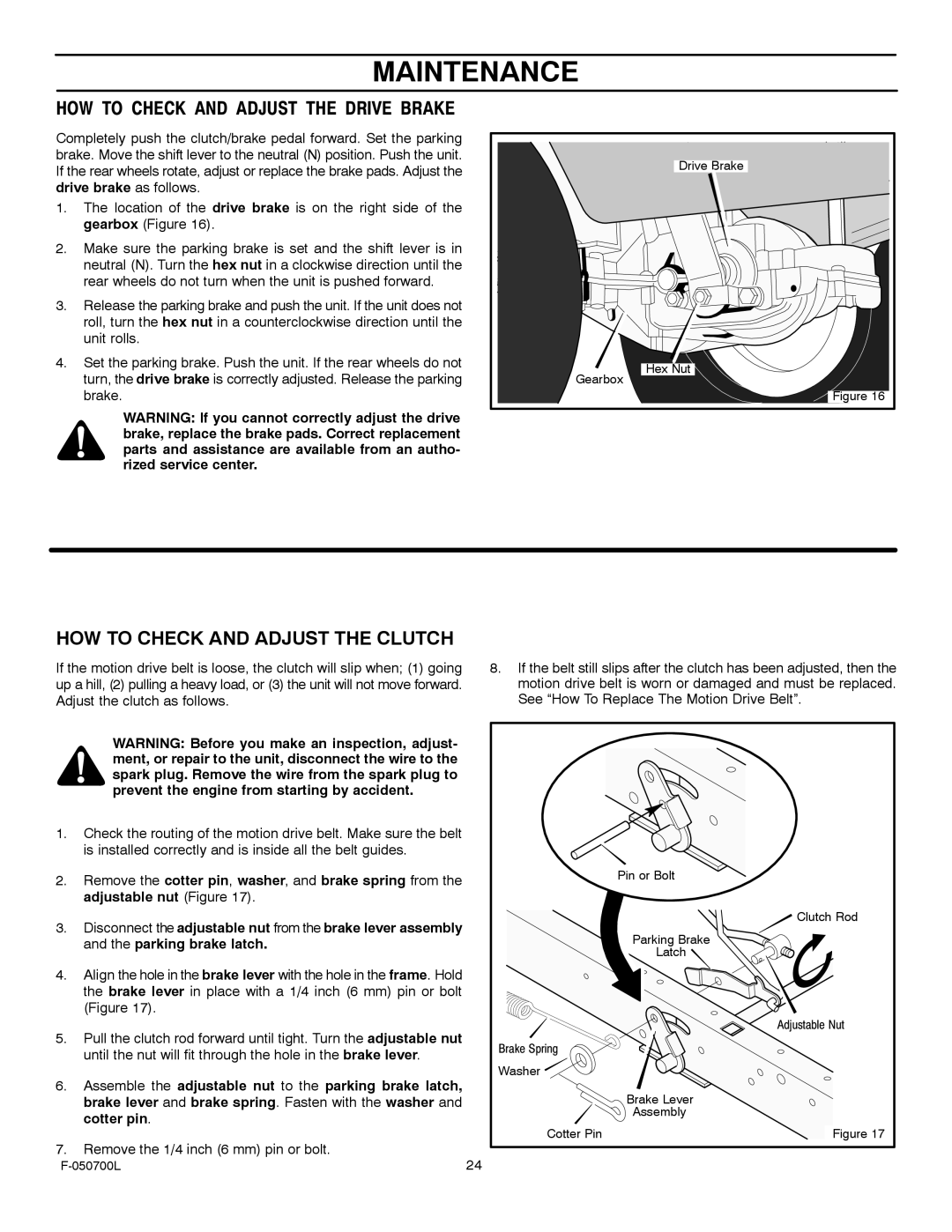 Murray 405000x8E manual HOW to Check and Adjust the Clutch, HOW to Check and Adjust the Drive Brake 