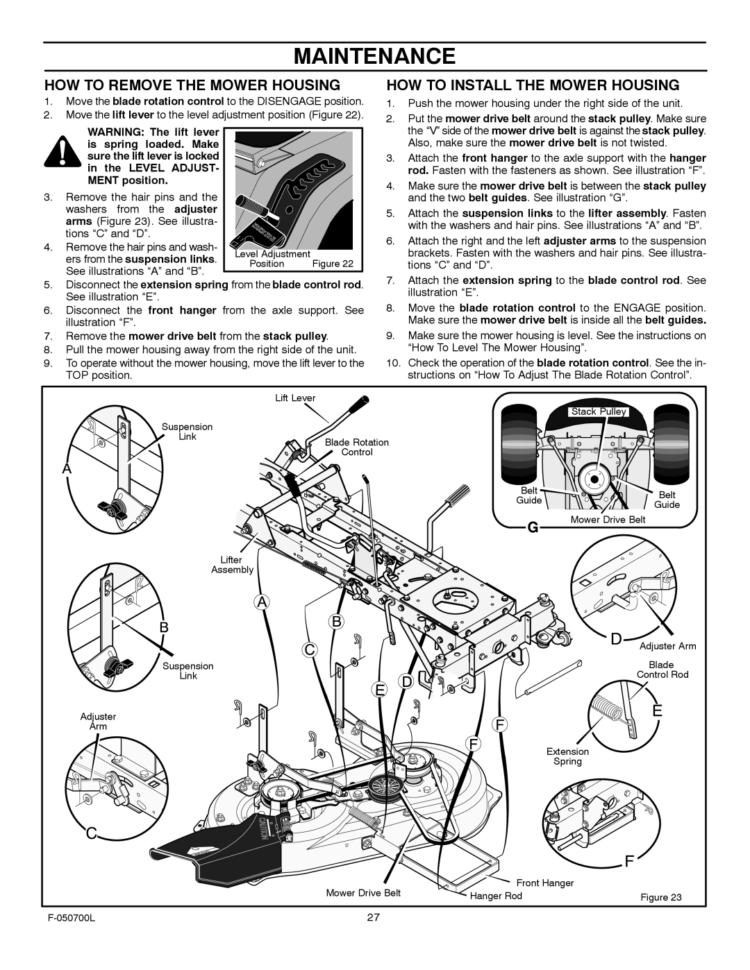 Murray 405000x8E manual HOW to Remove the Mower Housing, HOW to Install the Mower Housing 