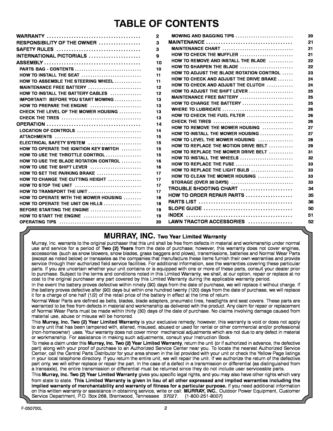 Murray 405000x8E manual Table Of Contents, MURRAY, INC. Two Year Limited Warranty 