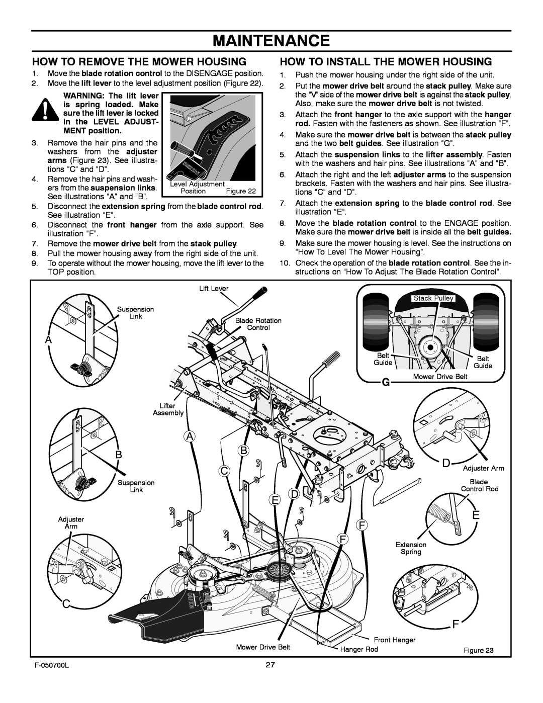 Murray 405000x8E manual Maintenance, How To Remove The Mower Housing, How To Install The Mower Housing 