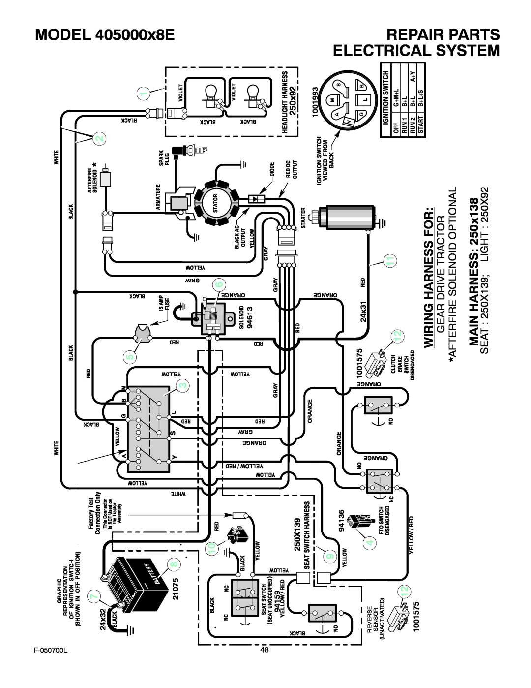 Murray manual MODEL 405000x8E, Wiring Harness For, Main Harness, 1211, Electrical System, Repair Parts 