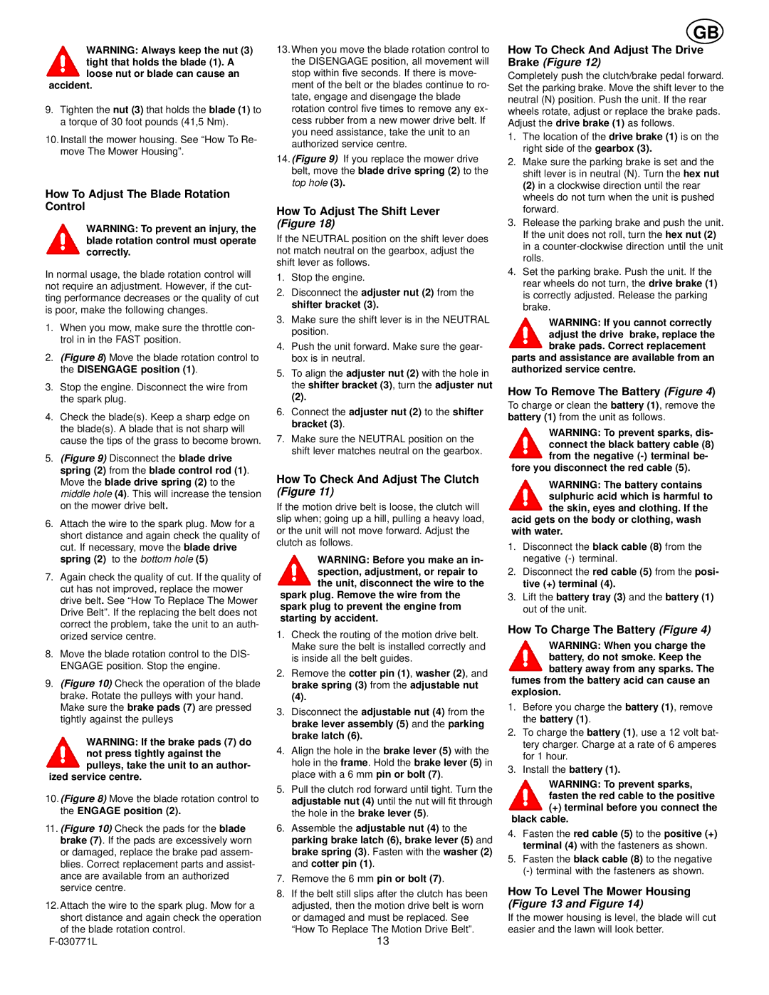 Murray 405001x78B manual How To Adjust The Blade Rotation Control, How To Adjust The Shift Lever Figure 