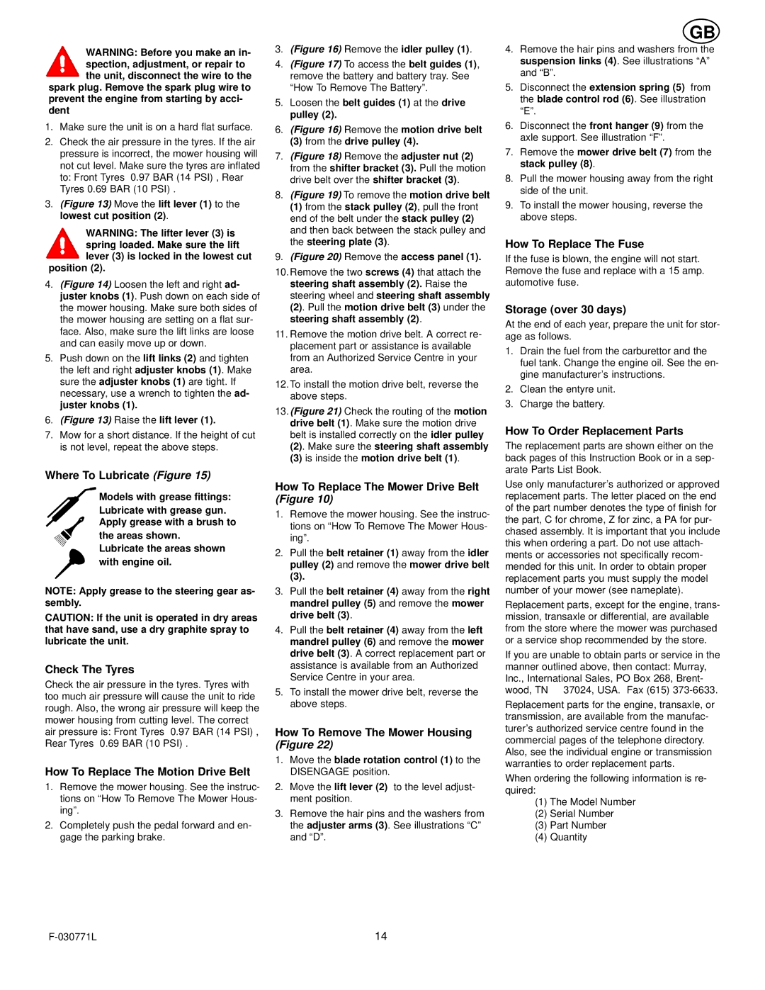 Murray 405001x78B Where To Lubricate Figure, How To Replace The Motion Drive Belt, How To Remove The Mower Housing Figure 