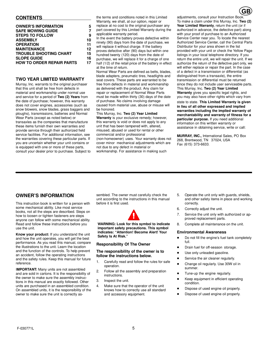 Murray 405001x78B manual Contents, OWNER’S Information 