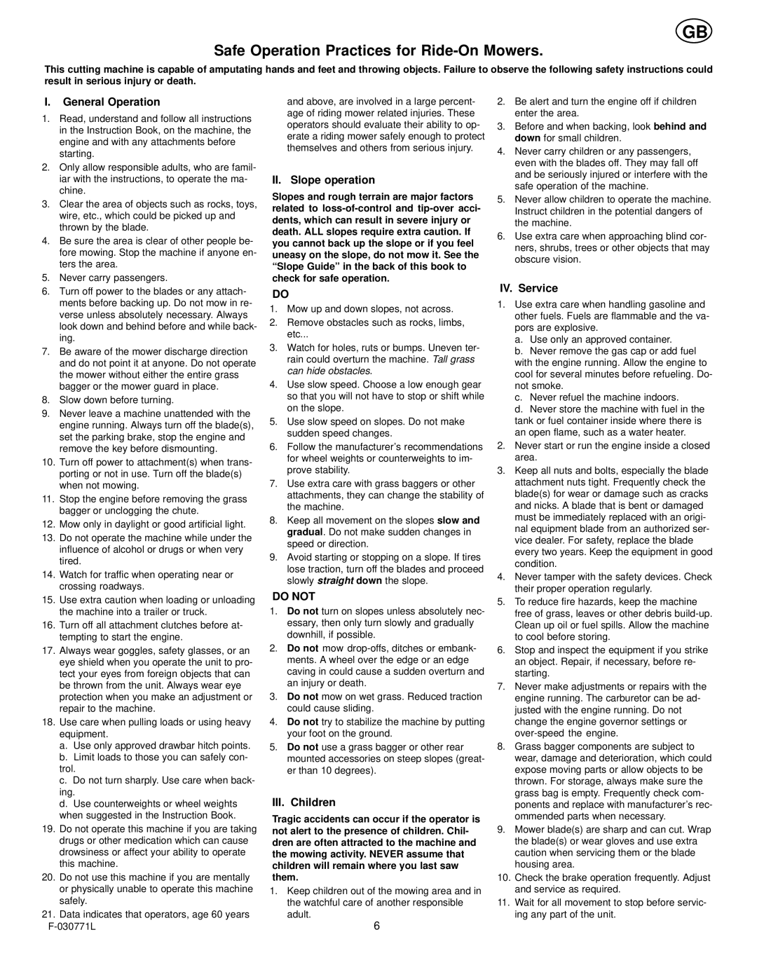 Murray 405001x78B manual General Operation, II. Slope operation, III. Children, IV. Service 