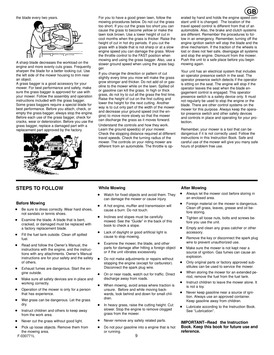 Murray 405001x78B manual Steps to Follow, Before Mowing, While Mowing, After Mowing 