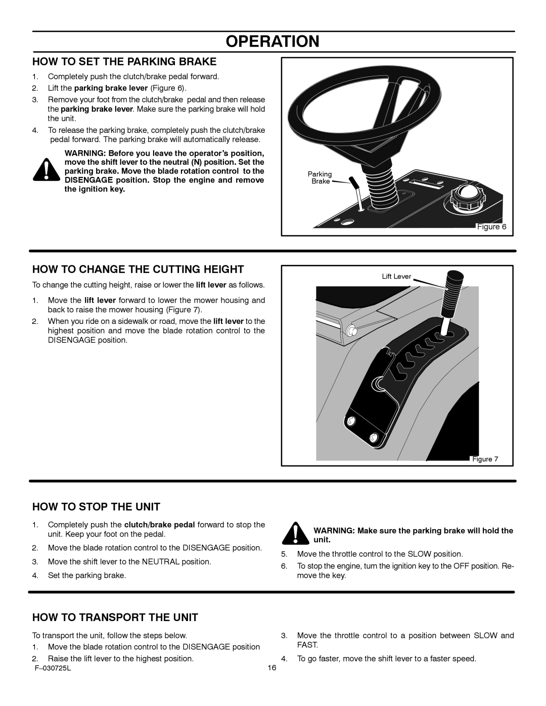 Murray 405005x99A manual HOW to SET the Parking Brake, HOW to Change the Cutting Height, HOW to Stop the Unit 