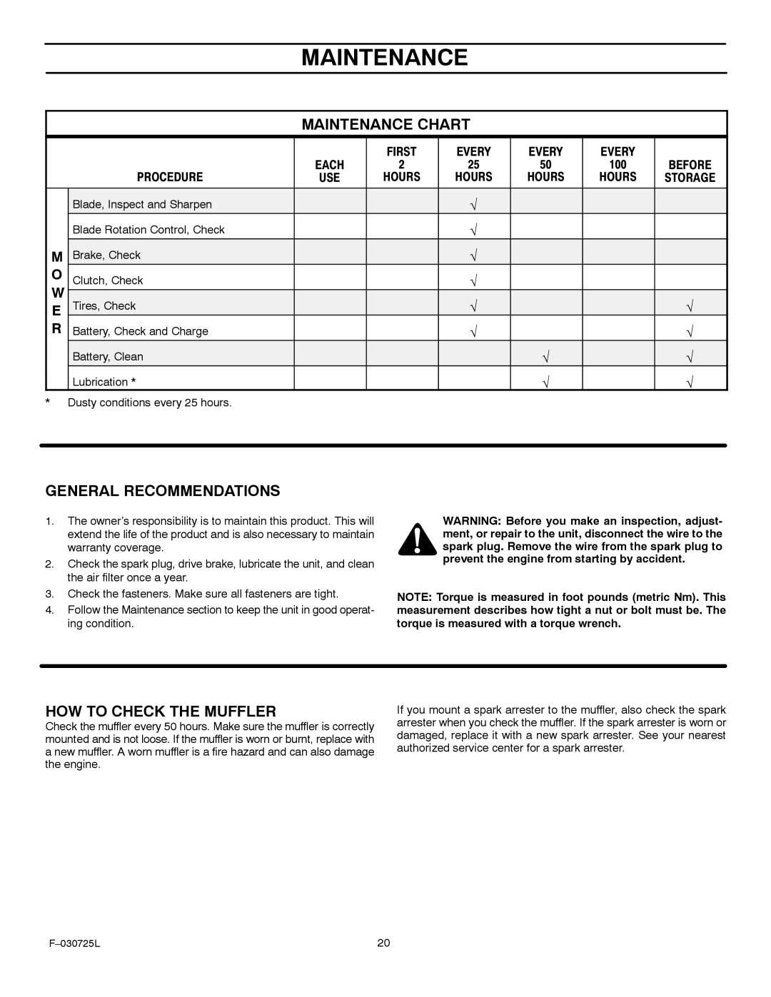 Murray 405005x99A manual Maintenance Chart, General Recommendations, HOW to Check the Muffler 