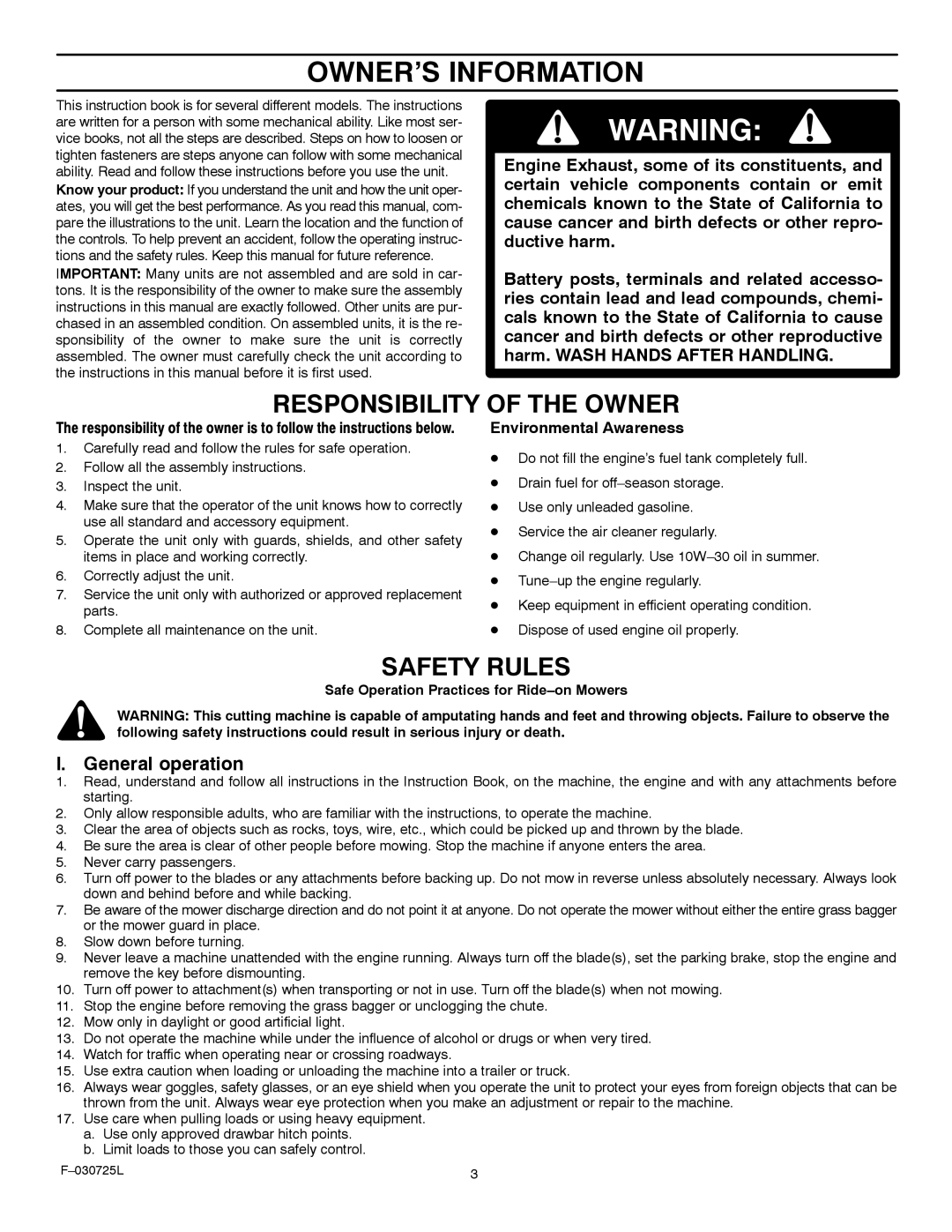 Murray 405005x99A manual OWNER’S Information, Responsibility of the Owner 