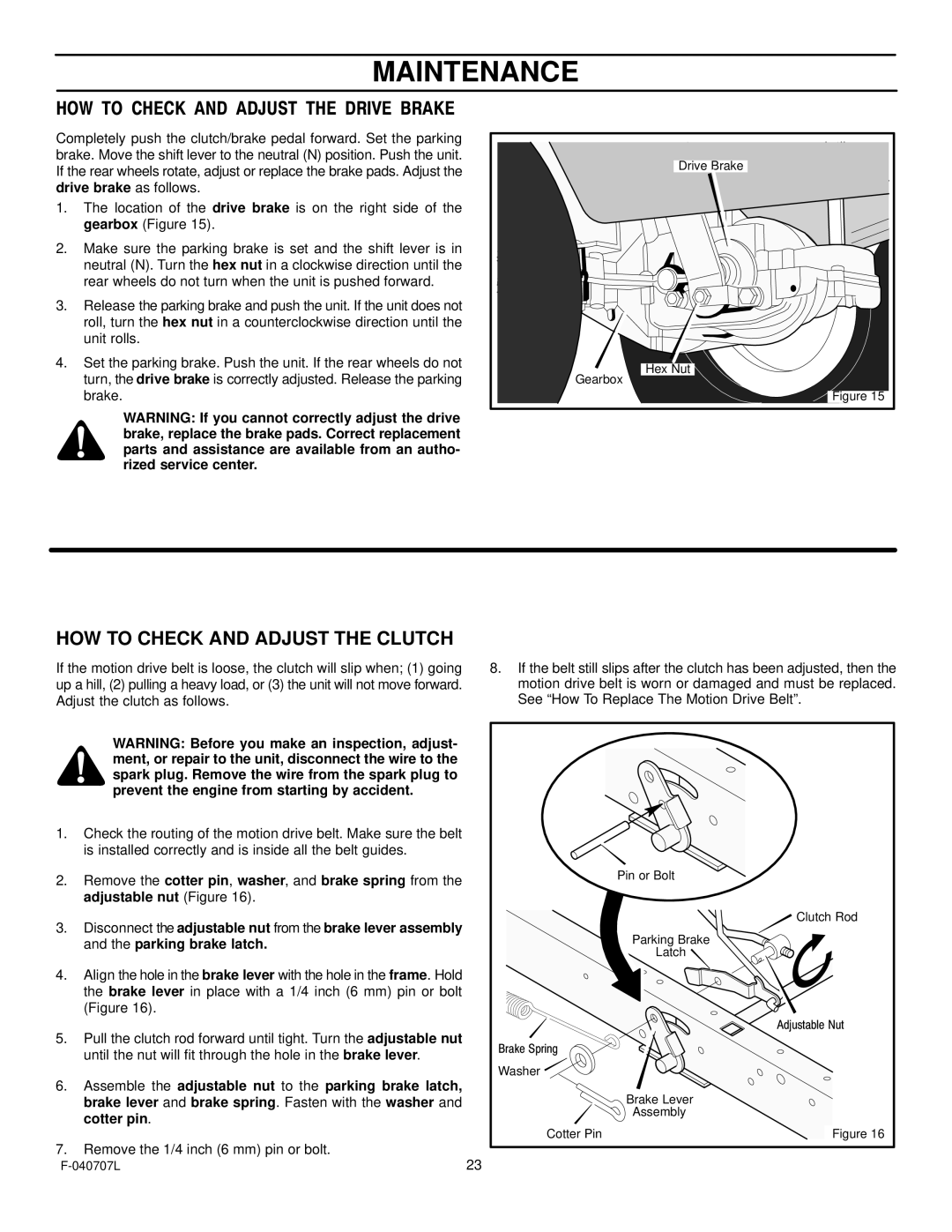 Murray 405005x99B manual HOW to Check and Adjust the Clutch, HOW to Check and Adjust the Drive Brake 