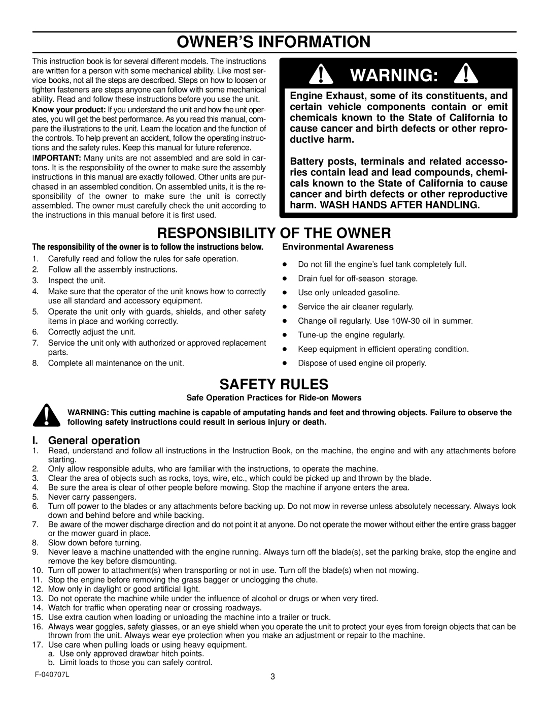 Murray 405005x99B manual OWNER’S Information, Responsibility of the Owner 