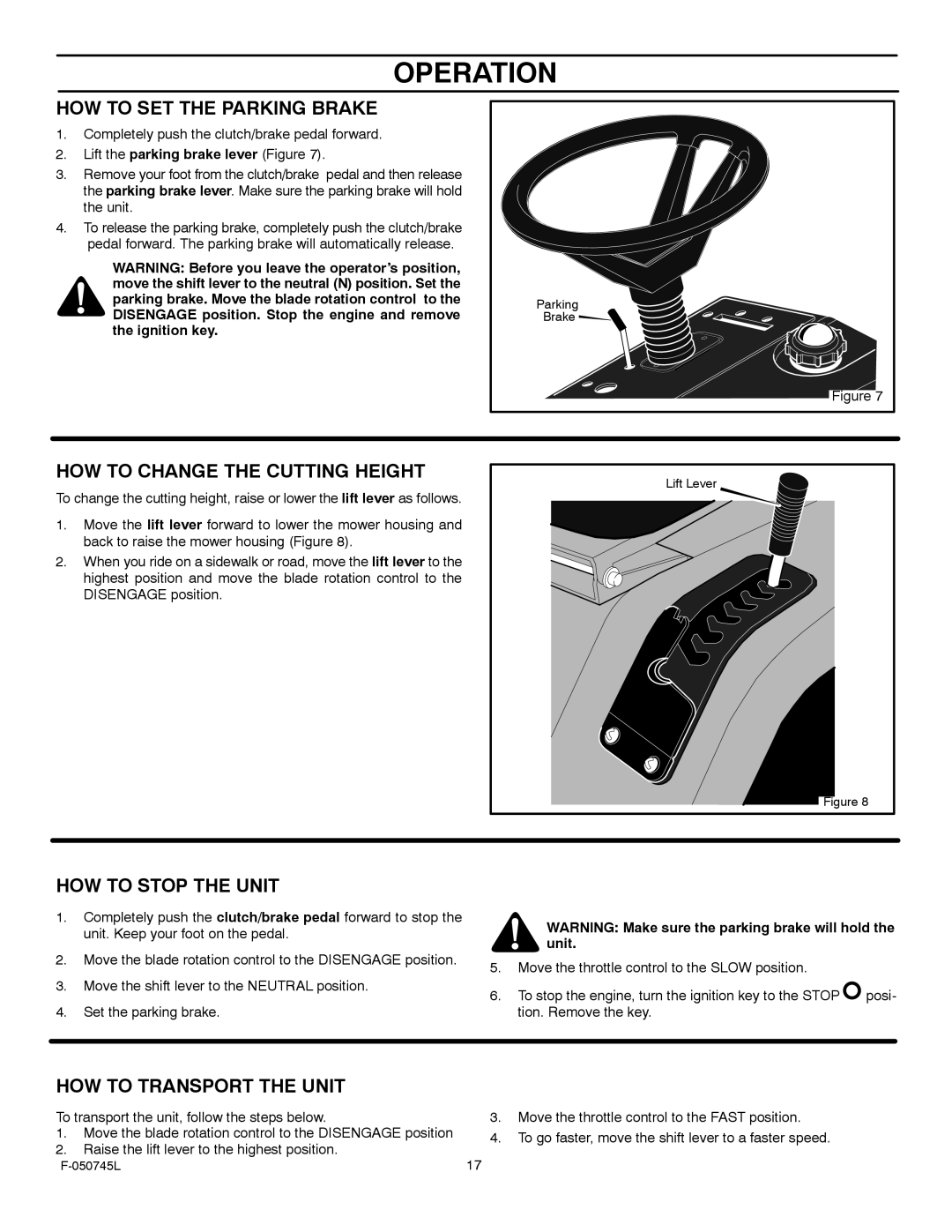 Murray 405011x48A manual HOW to SET the Parking Brake, HOW to Change the Cutting Height, HOW to Stop the Unit 