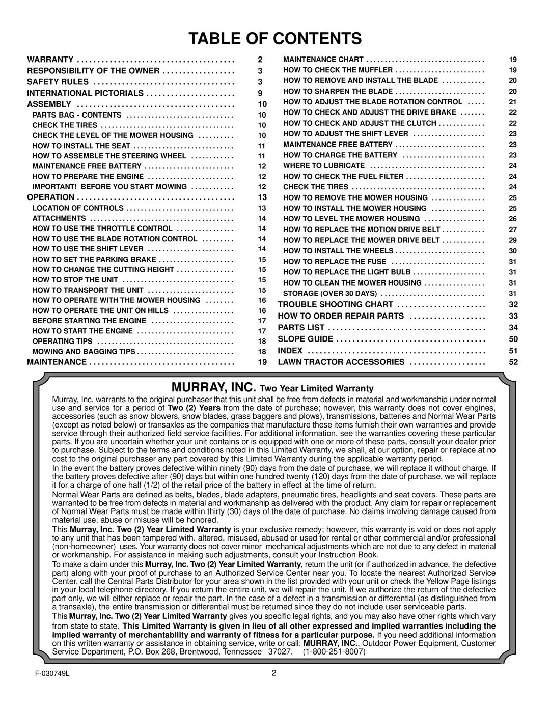 Murray 405030x48A manual Table of Contents 