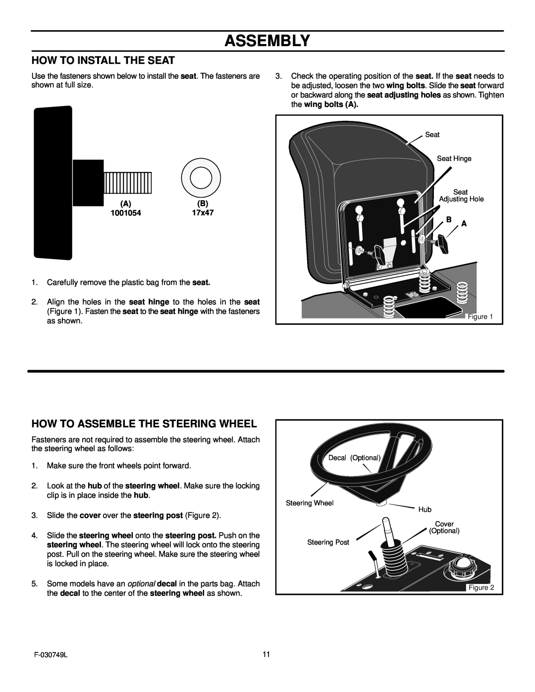 Murray 405030x48A manual Assembly, How To Install The Seat, How To Assemble The Steering Wheel 