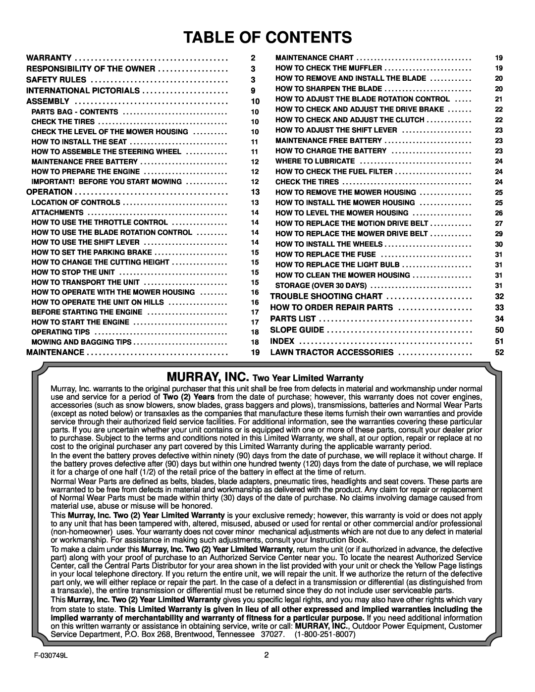 Murray 405030x48A manual Table Of Contents, MURRAY, INC. Two Year Limited Warranty 