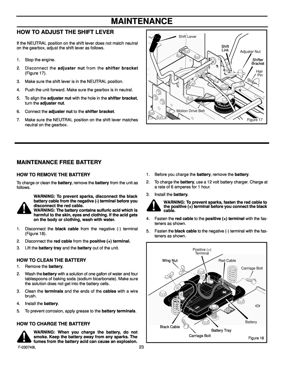 Murray 405030x48A manual How To Adjust The Shift Lever, Maintenance Free Battery, How To Remove The Battery 