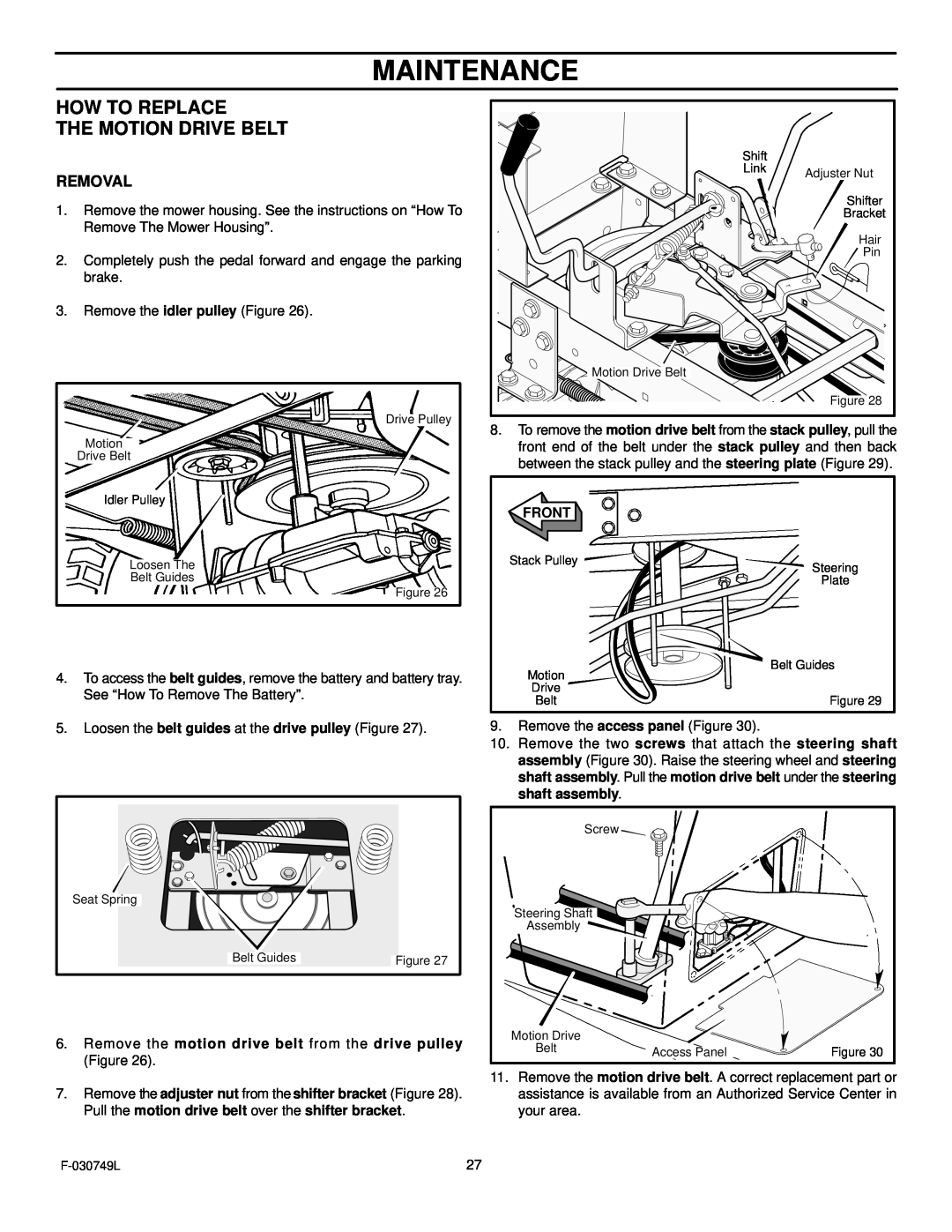 Murray 405030x48A manual Maintenance, How To Replace The Motion Drive Belt, Removal 