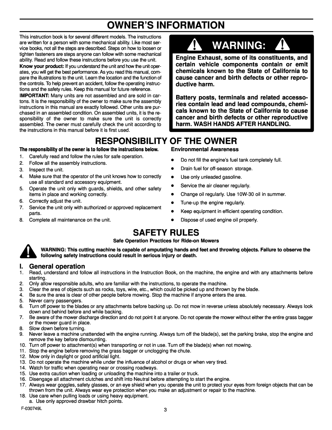Murray 405030x48A manual Owner’S Information, Responsibility Of The Owner, Safety Rules, I. General operation 