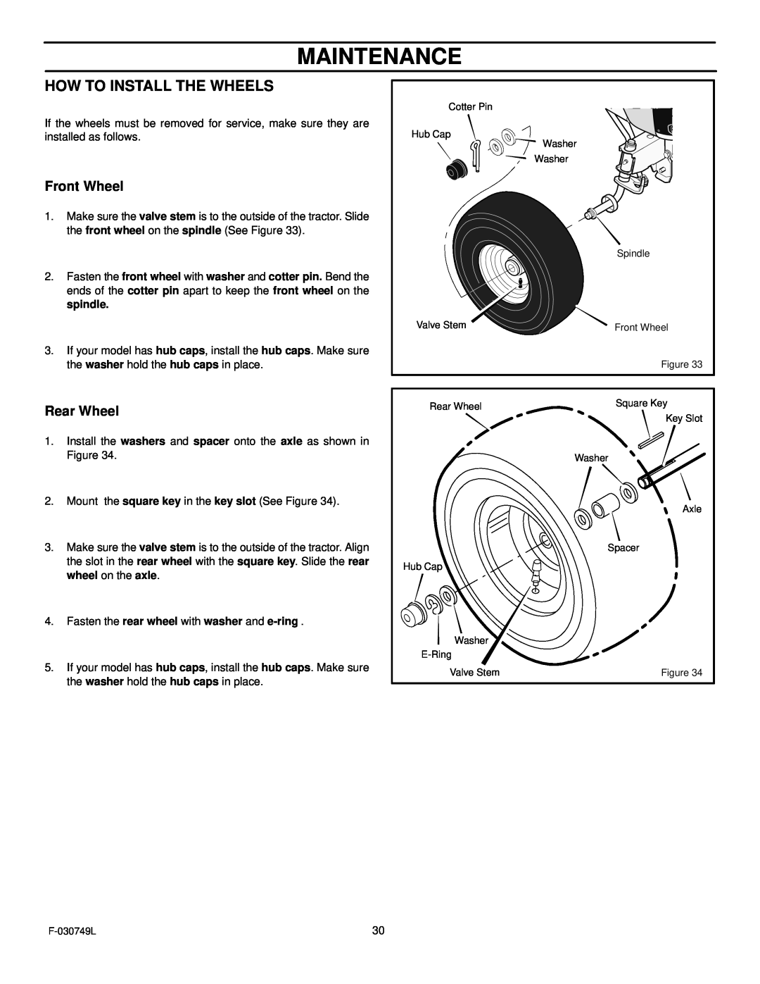 Murray 405030x48A manual Maintenance, How To Install The Wheels, Front Wheel, Rear Wheel 