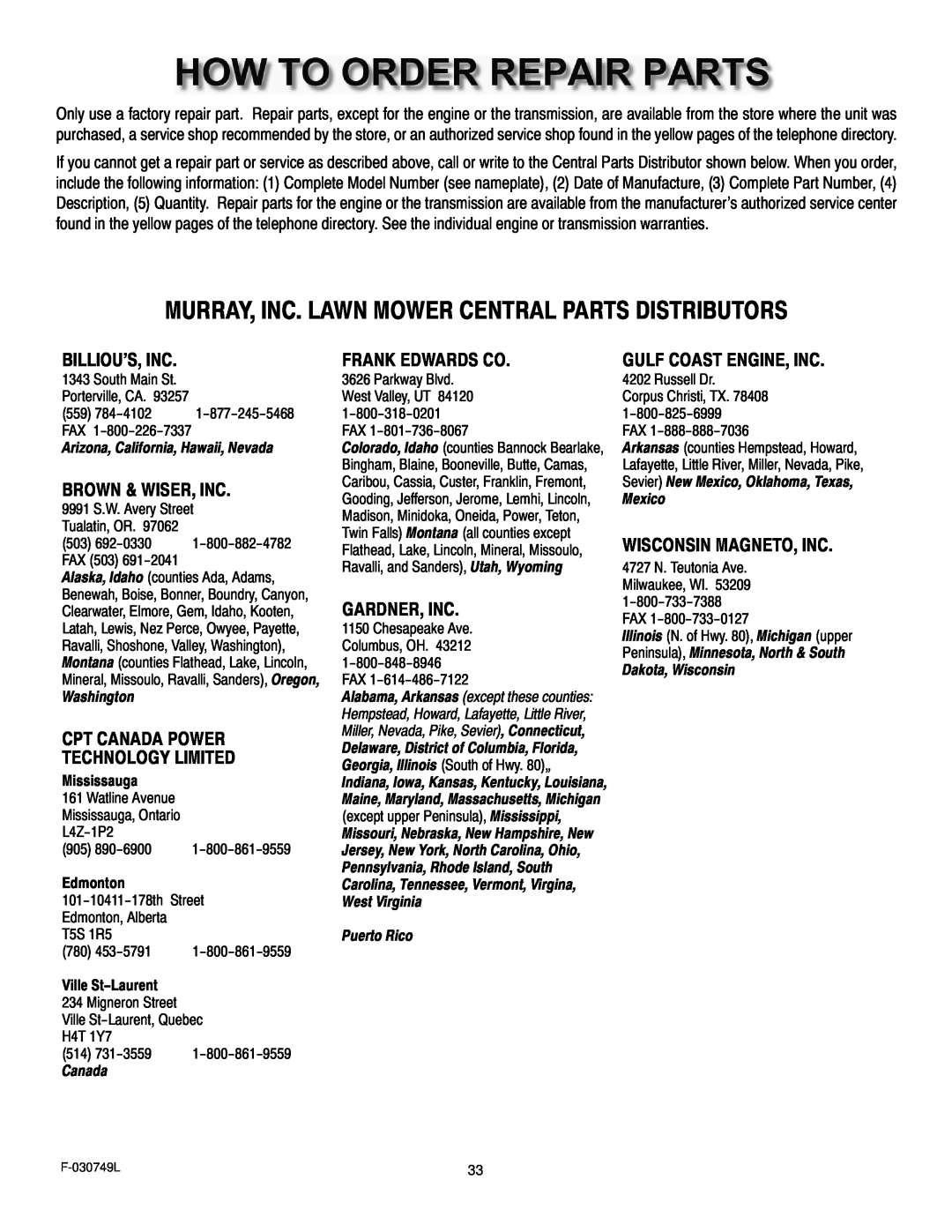 Murray 405030x48A Murray, Inc. Lawn Mower Central Parts Distributors, Billiou’S, Inc, Brown & Wiser, Inc, Frank Edwards Co 