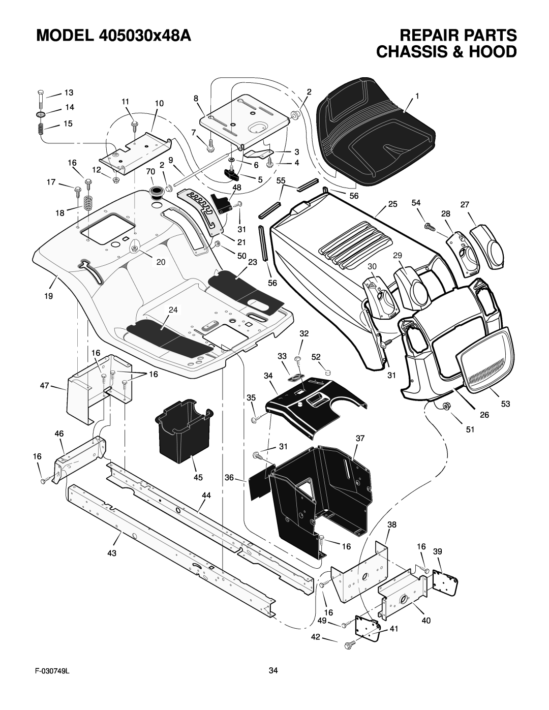 Murray manual MODEL 405030x48A, Repair Parts, Chassis & Hood, F-030749L 