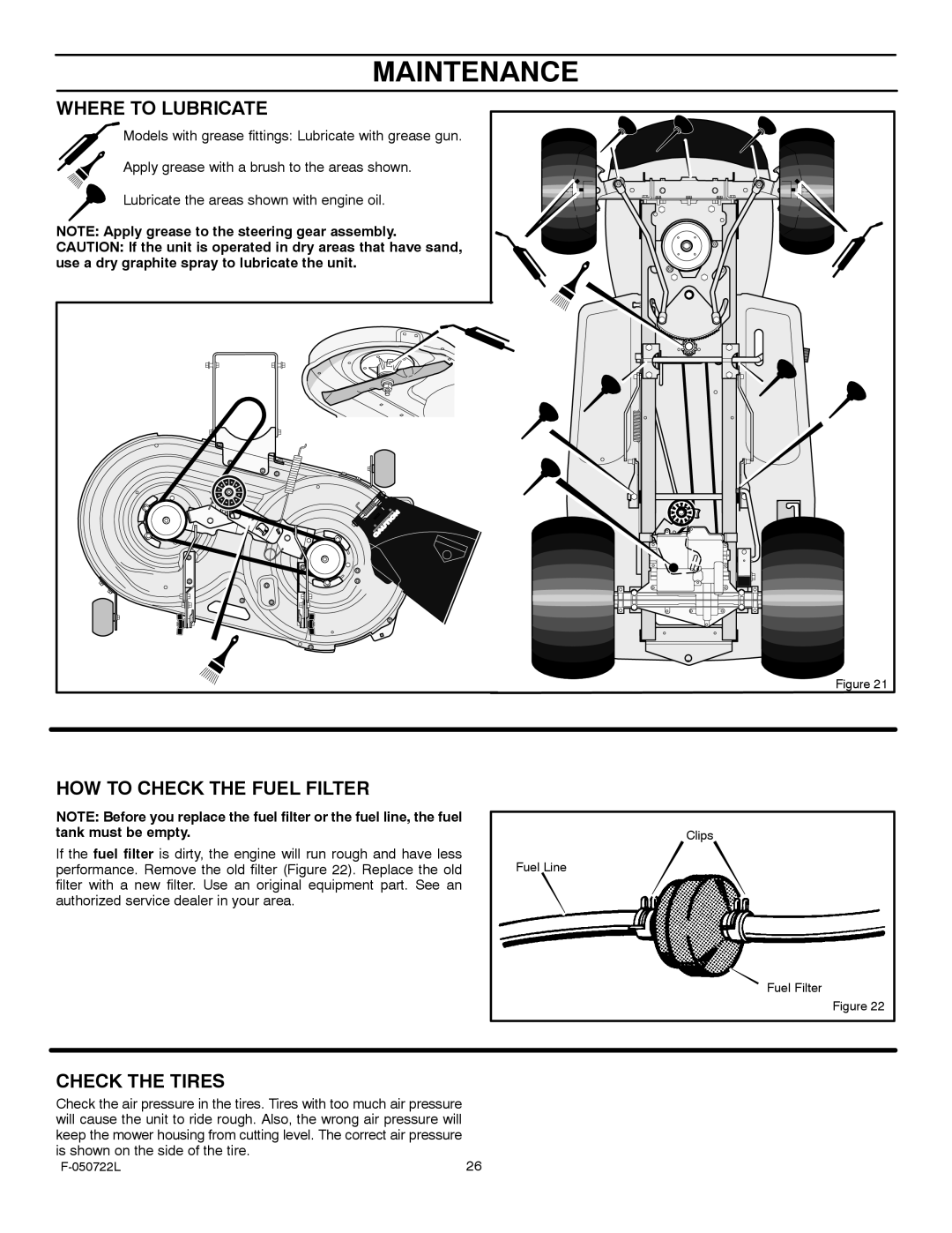 Murray 425001x99A manual Where to Lubricate, HOW to Check the Fuel Filter 