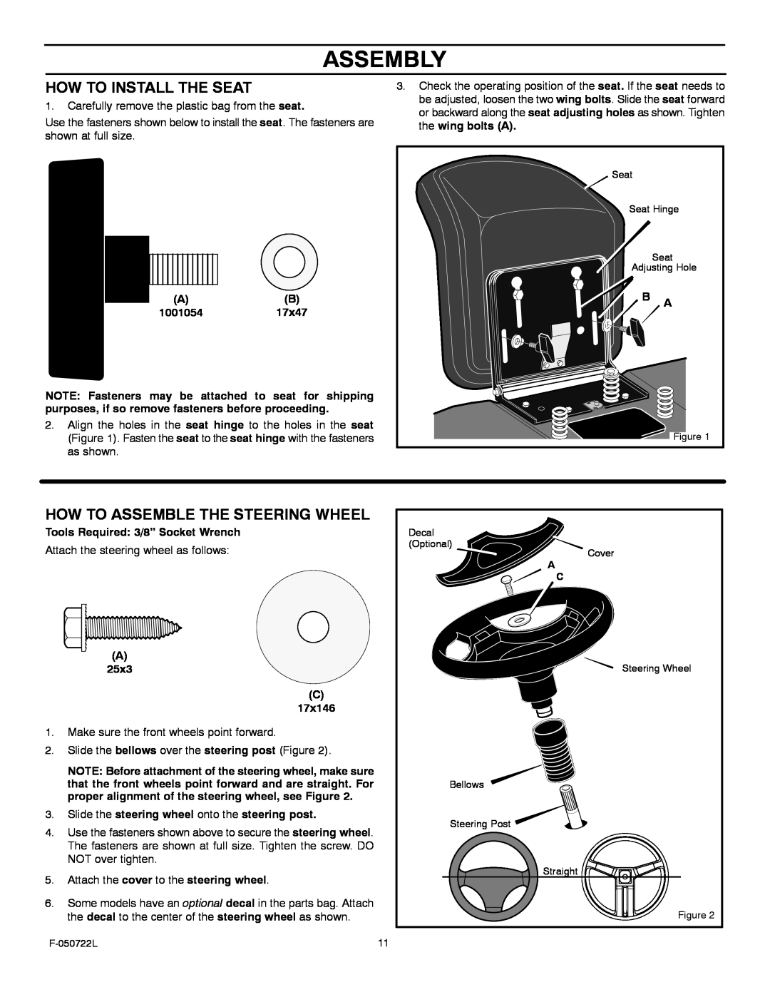 Murray 425001x99A manual Assembly, How To Install The Seat, How To Assemble The Steering Wheel 
