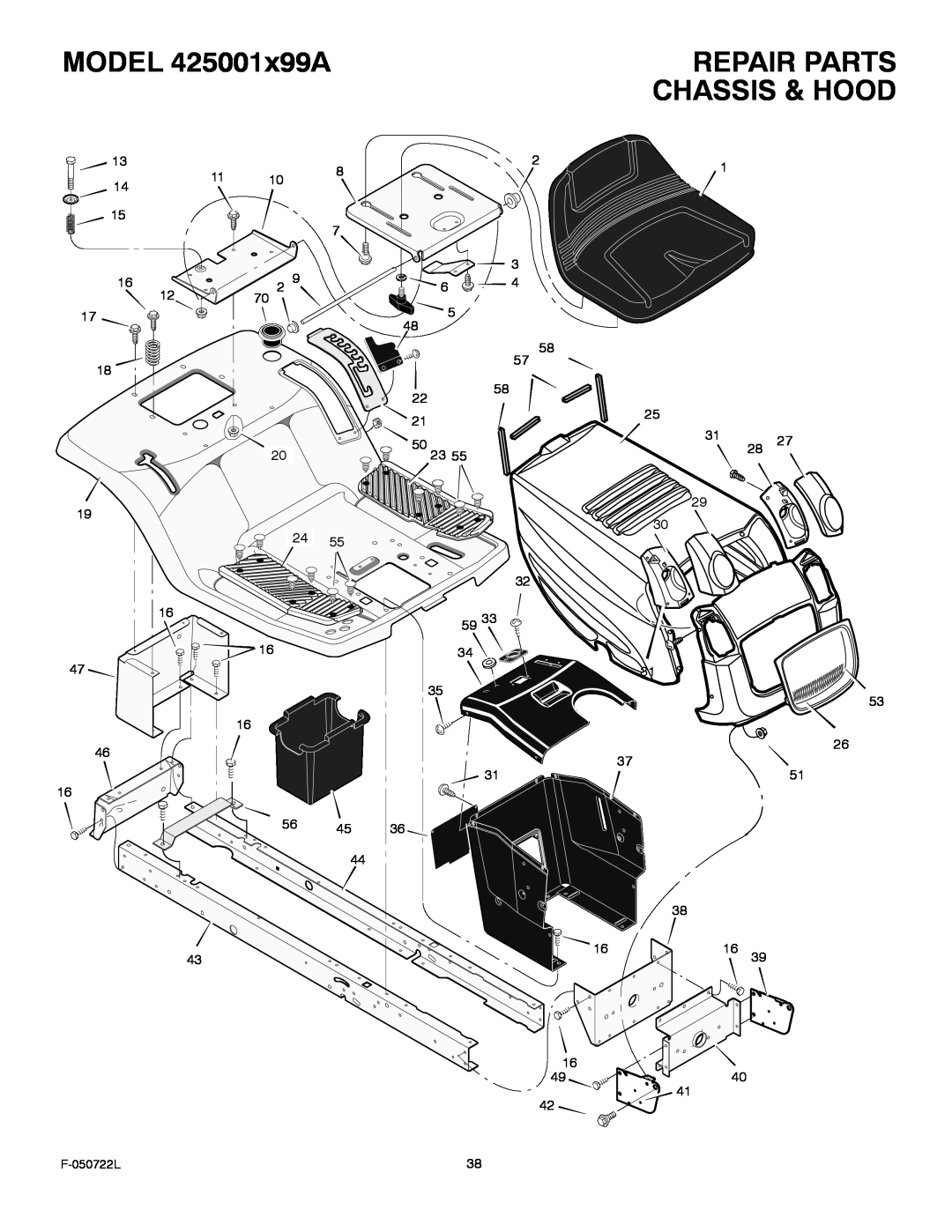Murray manual MODEL 425001x99A, Repair Parts, Chassis & Hood, F-050722L 