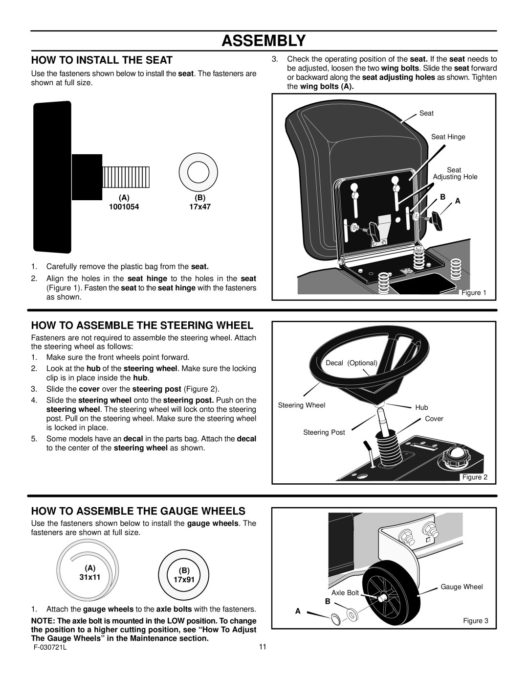 Murray 425007x92B manual HOW to Install the Seat, HOW to Assemble the Steering Wheel, HOW to Assemble the Gauge Wheels 