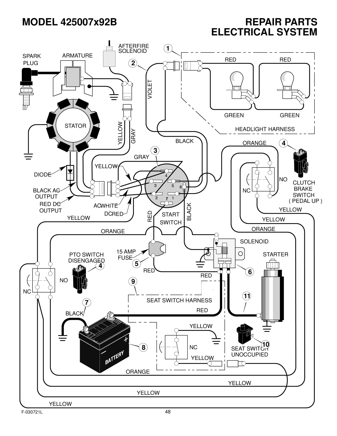 Murray 425007x92B manual Repair Parts Electrical System 