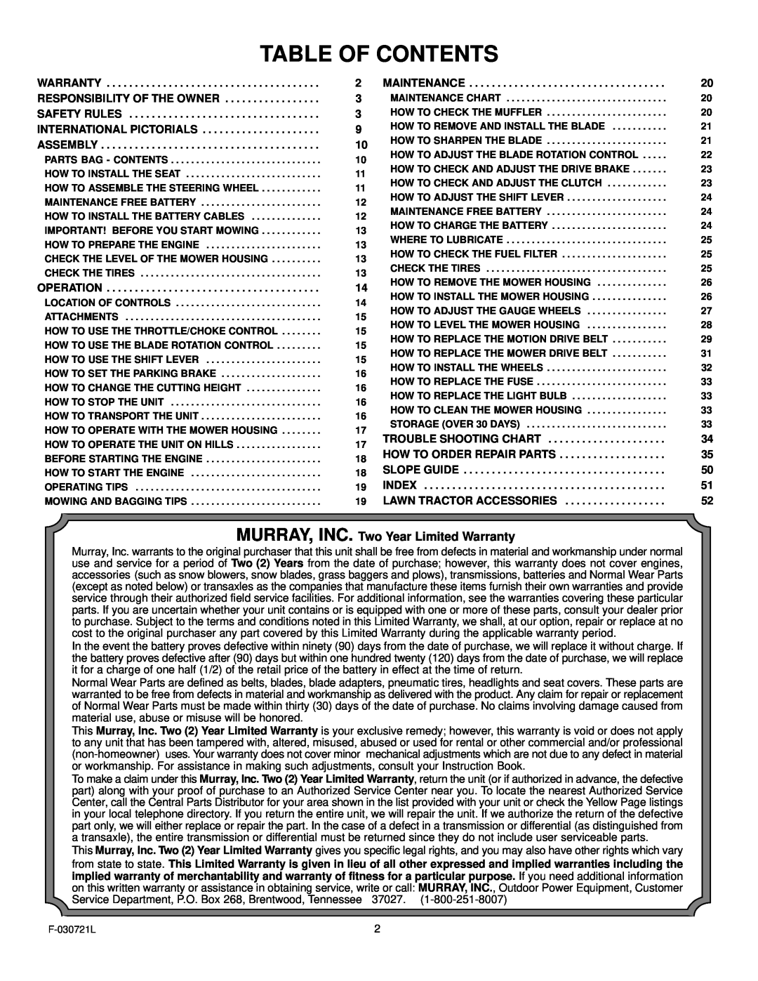 Murray 425007x92B manual Table Of Contents, MURRAY, INC. Two Year Limited Warranty 