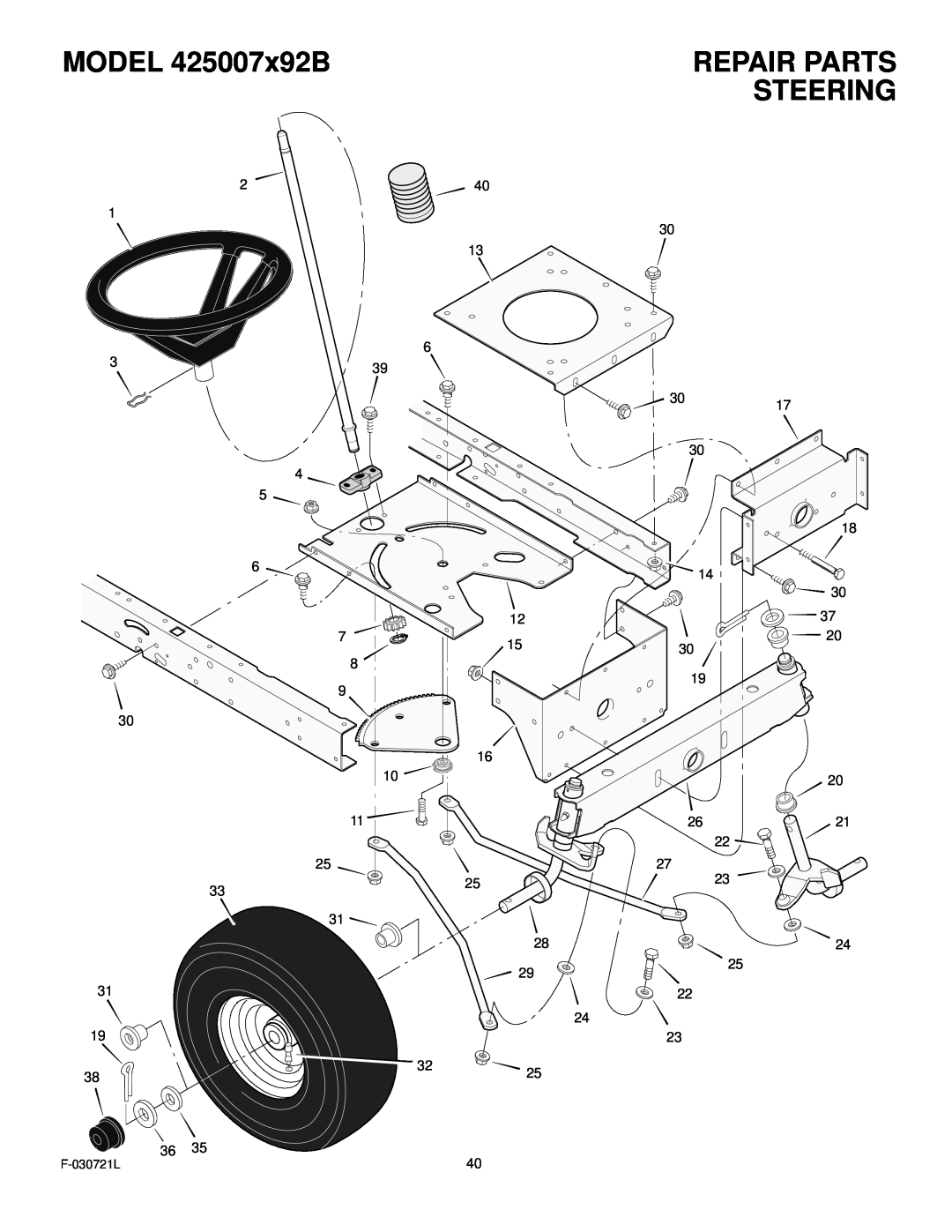 Murray manual Steering, MODEL 425007x92B, Repair Parts 