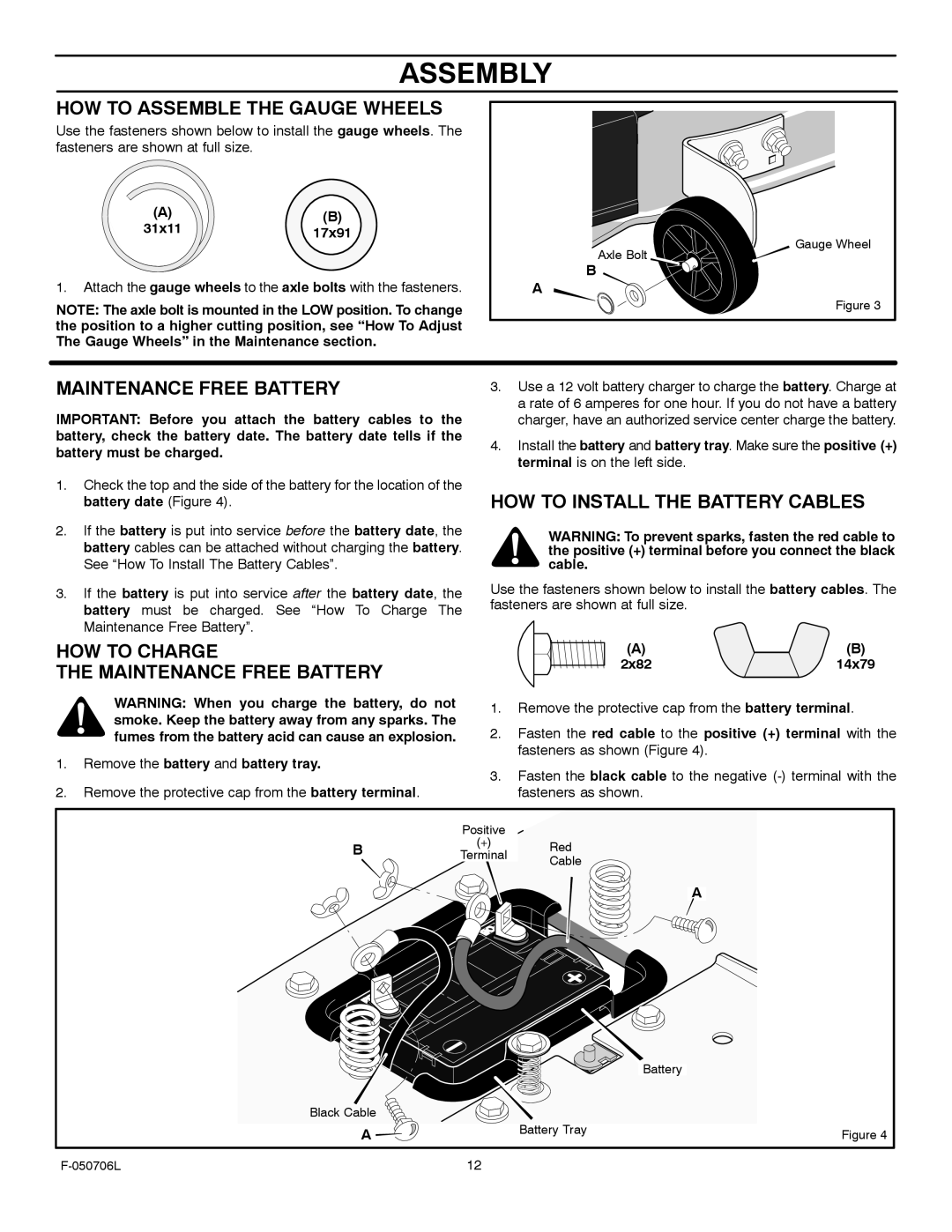 Murray 425014x92B manual HOW to Assemble the Gauge Wheels, HOW to Charge Maintenance Free Battery 