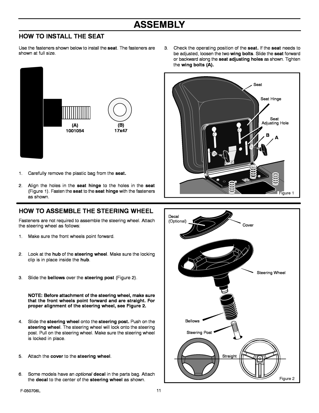Murray 425014x92B manual Assembly, How To Install The Seat, How To Assemble The Steering Wheel 