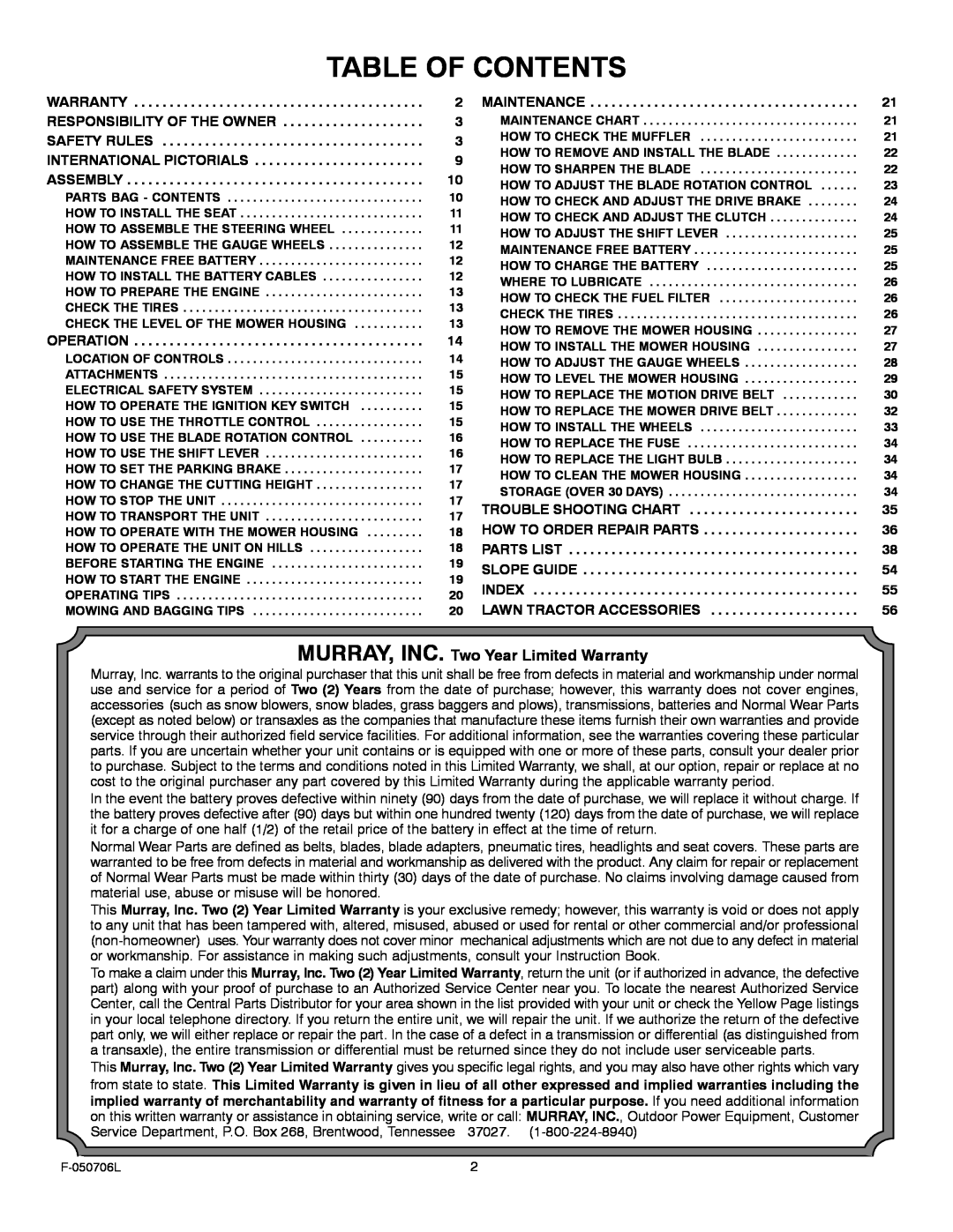 Murray 425014x92B manual Table Of Contents, MURRAY, INC. Two Year Limited Warranty 