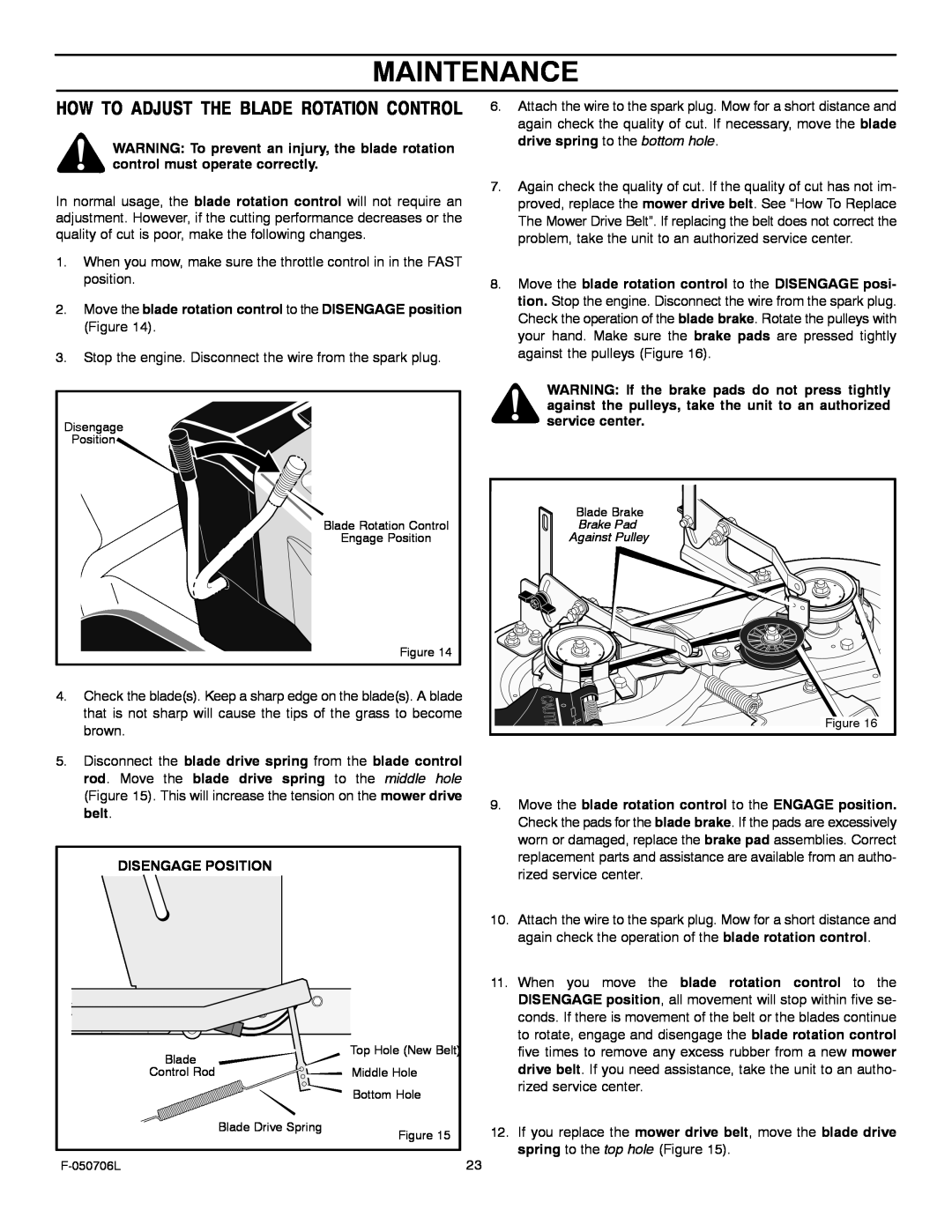 Murray 425014x92B manual Maintenance, How To Adjust The Blade Rotation Control 
