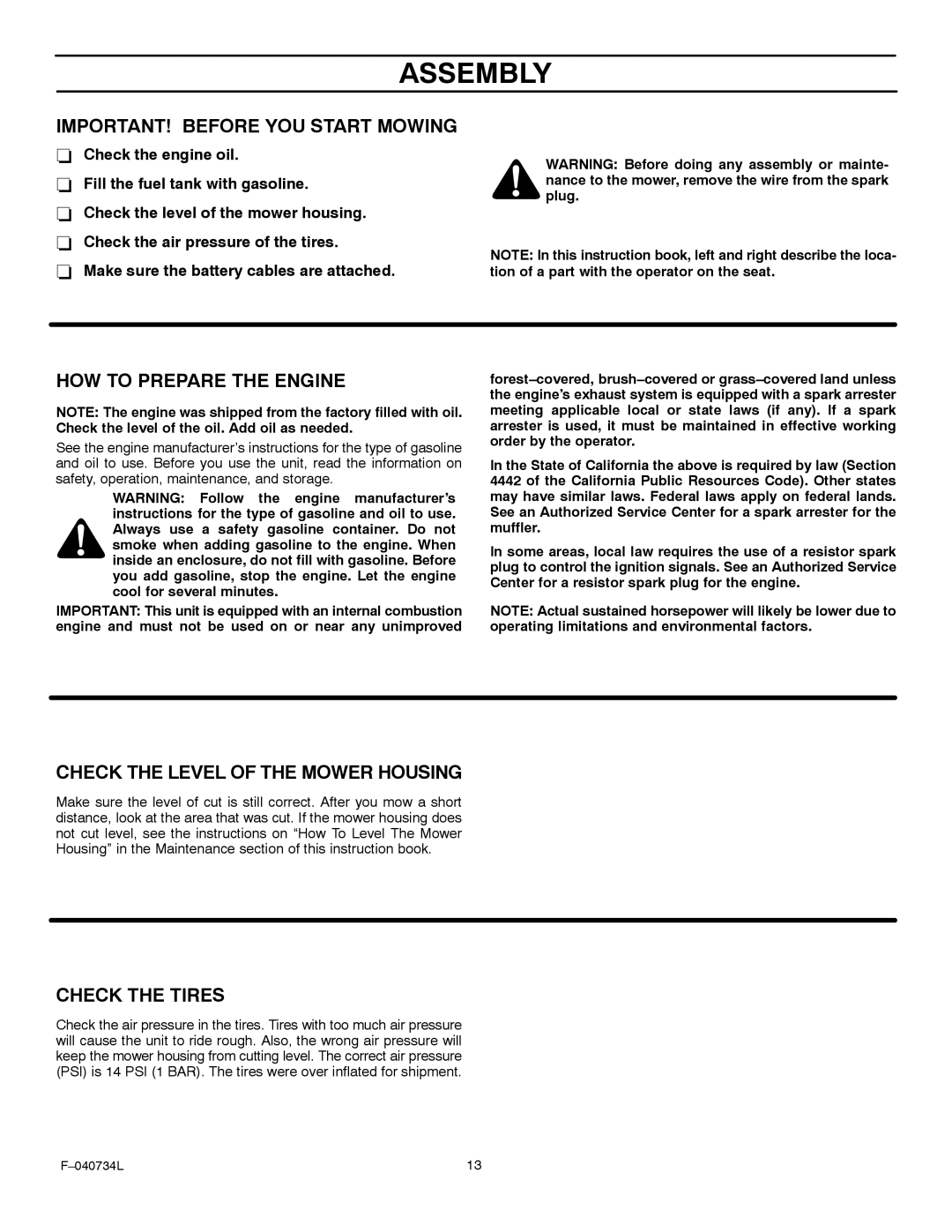 Murray 425015x92A IMPORTANT! Before YOU Start Mowing, HOW to Prepare the Engine, Check the Level of the Mower Housing 