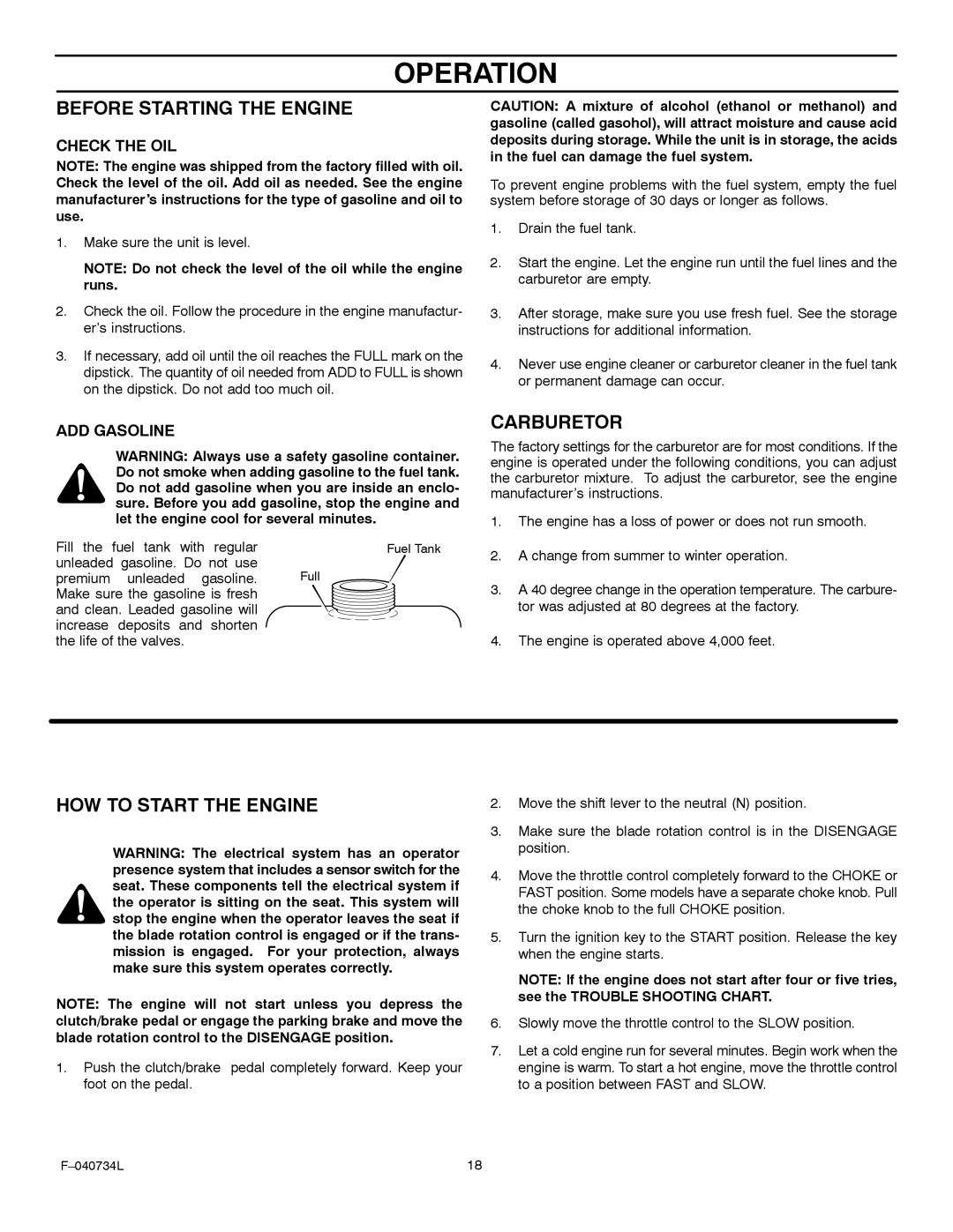 Murray 425015x92A manual Before Starting the Engine, Carburetor, HOW to Start the Engine 