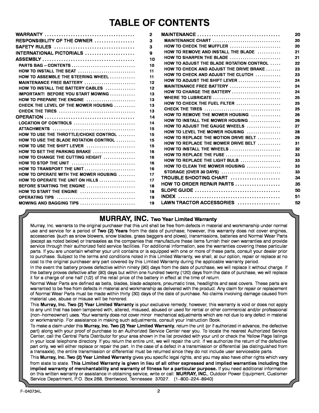 Murray 425015x92A manual Table Of Contents, MURRAY, INC. Two Year Limited Warranty 