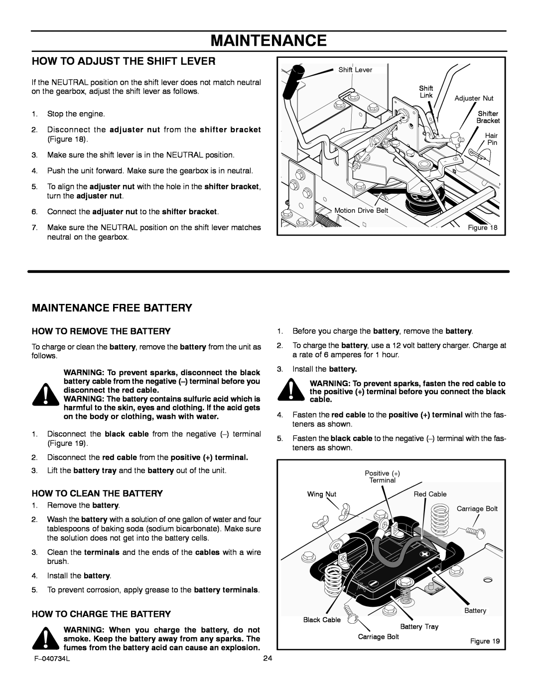 Murray 425015x92A manual How To Adjust The Shift Lever, Maintenance Free Battery, How To Remove The Battery 