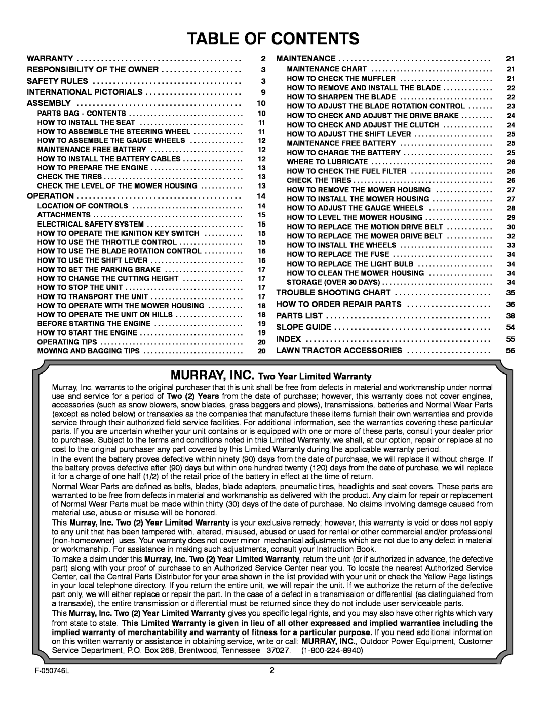Murray 425016x48A manual Table Of Contents, MURRAY, INC. Two Year Limited Warranty 
