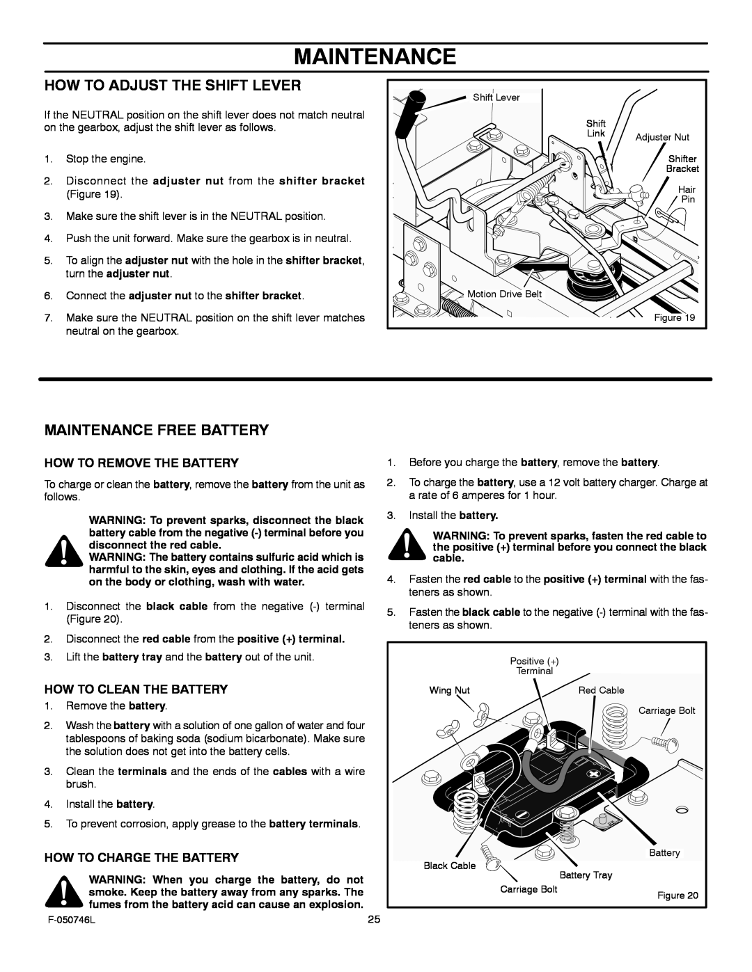 Murray 425016x48A manual How To Adjust The Shift Lever, Maintenance Free Battery, How To Remove The Battery 