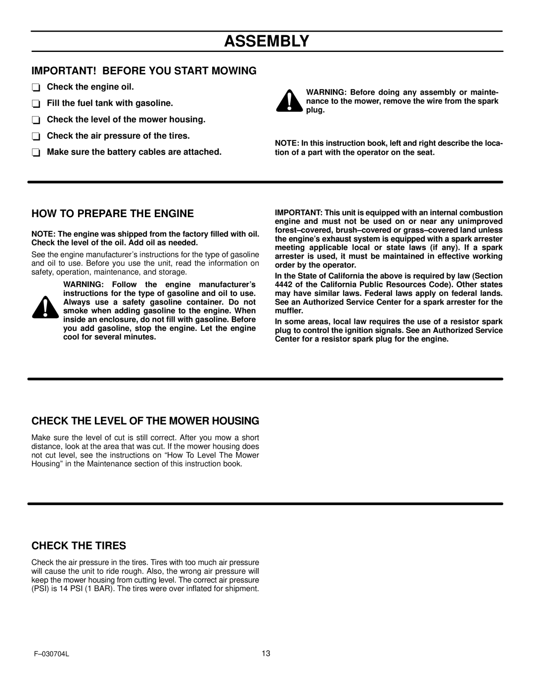 Murray 425303x92B IMPORTANT! Before YOU Start Mowing, HOW to Prepare the Engine, Check the Level of the Mower Housing 