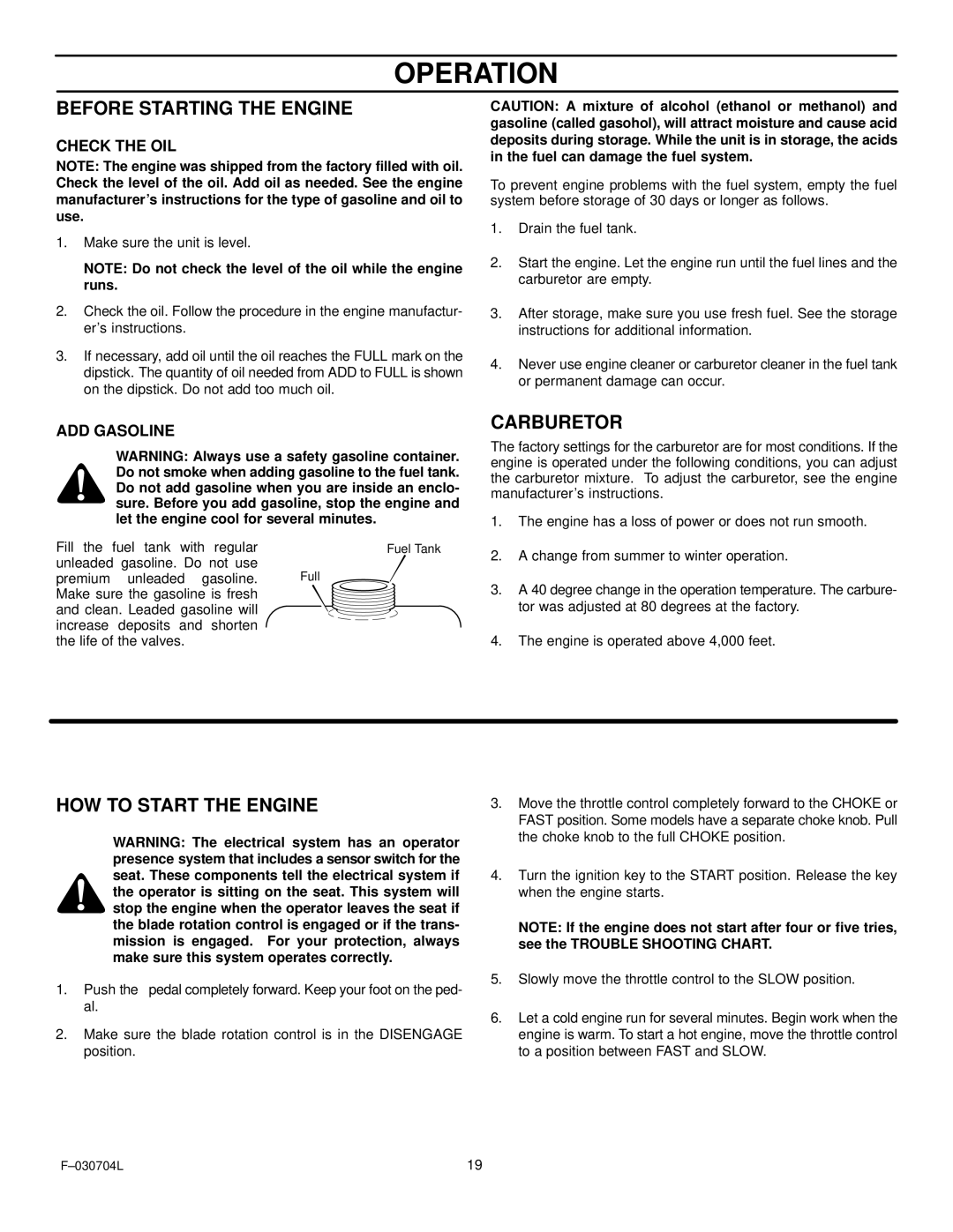 Murray 425303x92B manual Before Starting the Engine, Carburetor, HOW to Start the Engine, Check the OIL, ADD Gasoline 