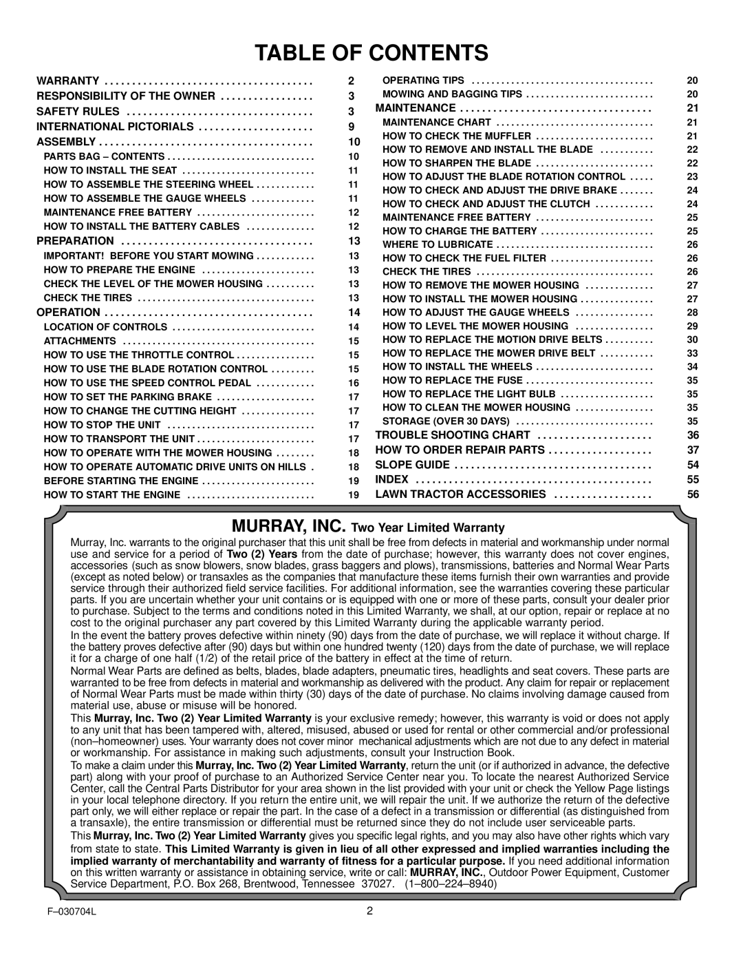 Murray 425303x92B manual Table of Contents 